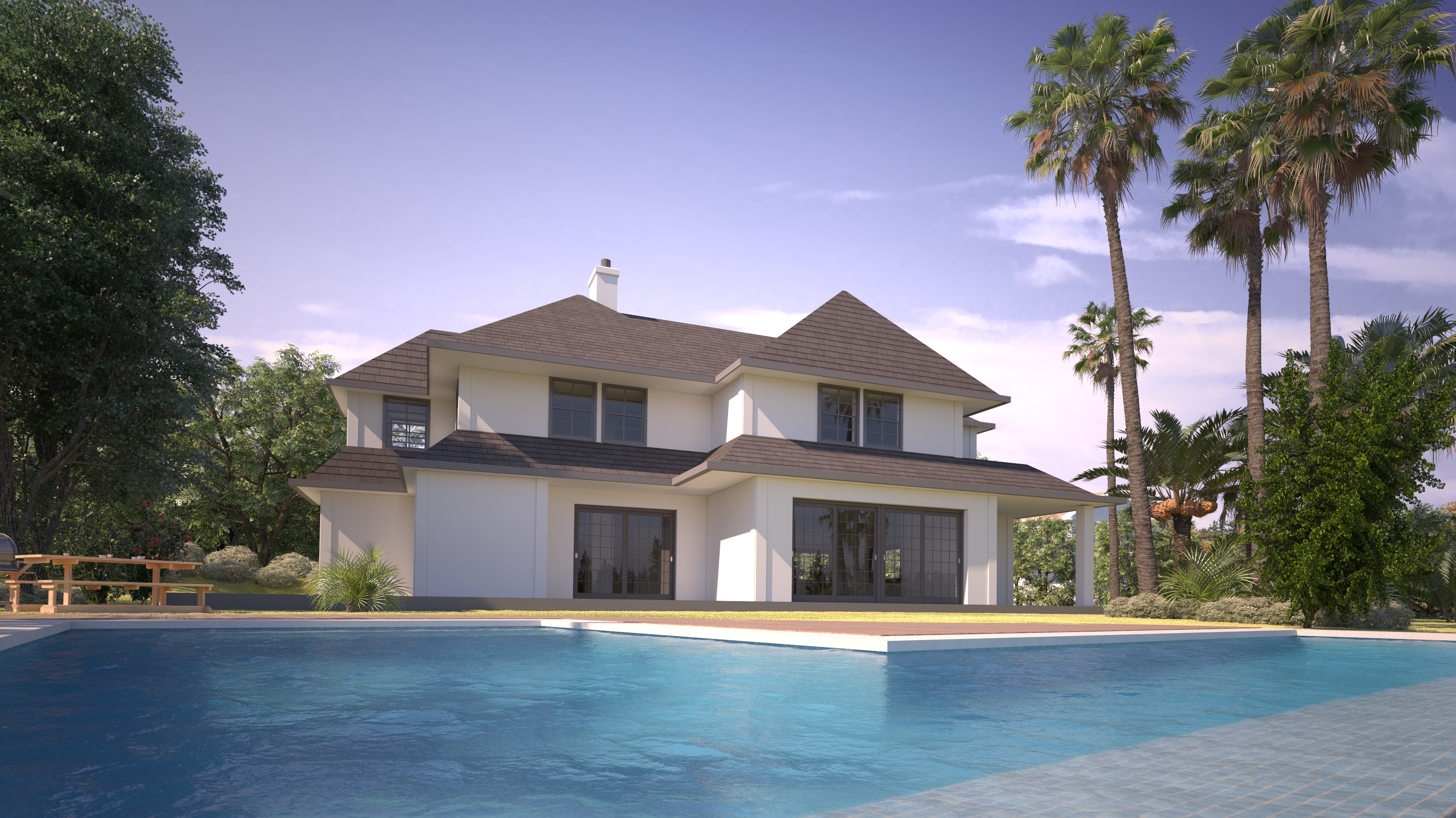 villa with pool and exotic garden 3D rendering of a villa with pool in an exotic garden